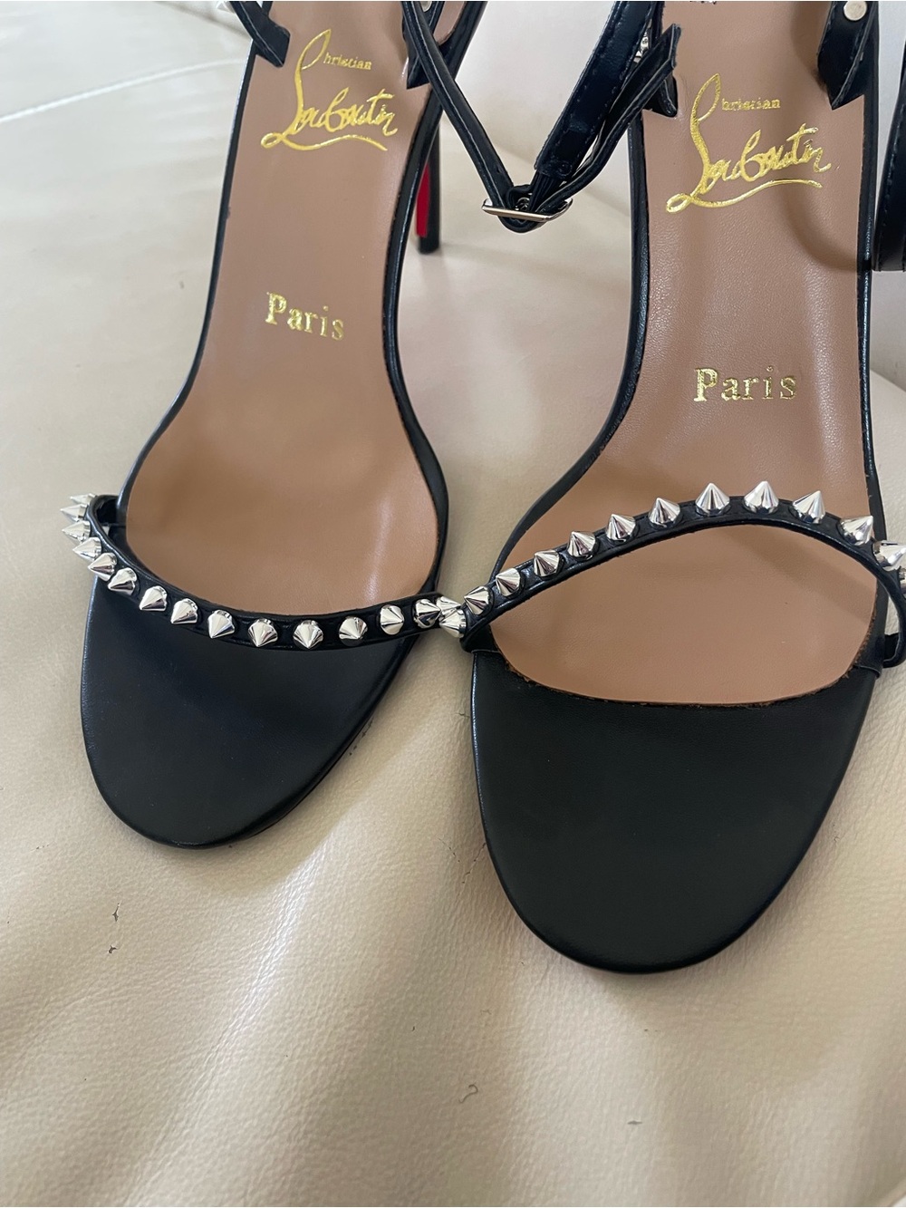 Christian Louboutin So Me 100 - Black Spike-Trim Ankle-Strap Heels, Sz 12 / EU43 - Picture 3 of 16